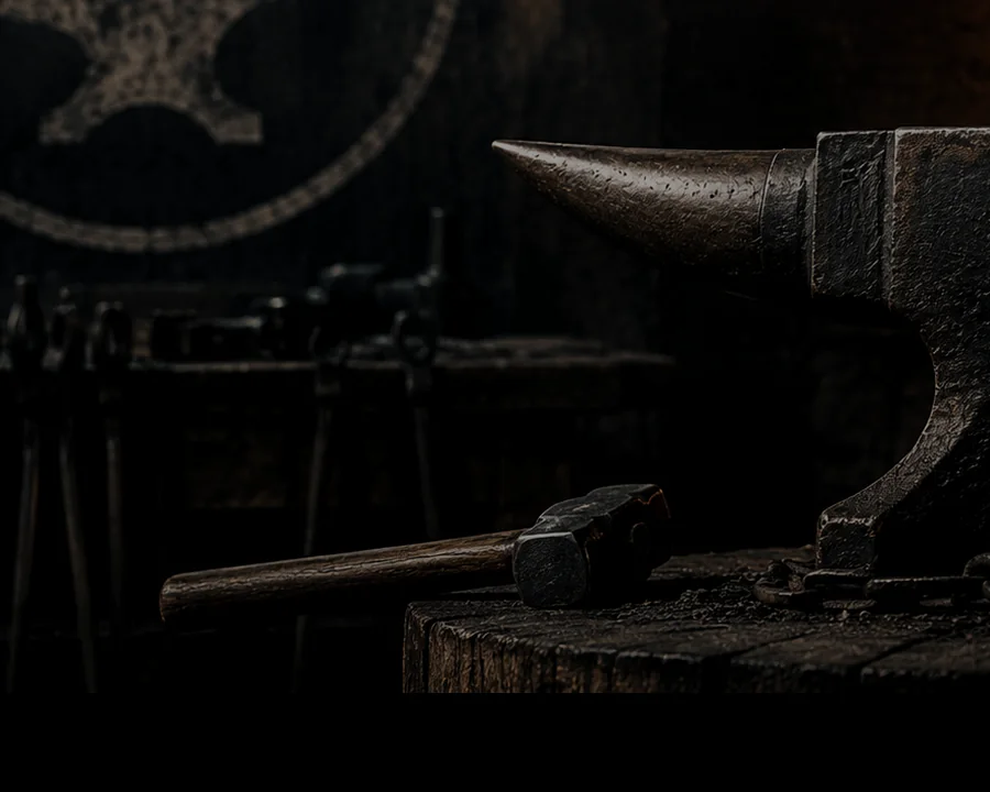 A blacksmith's anvil in a dark forge